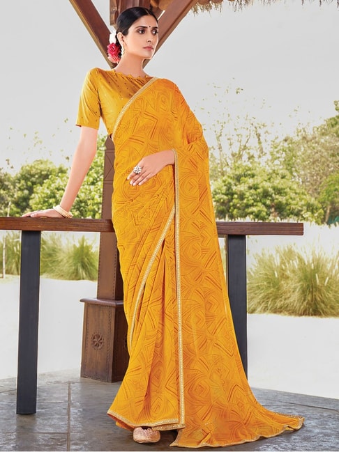 Satrani Yellow Textured Pattern Saree With Unstitched Blouse Price in India
