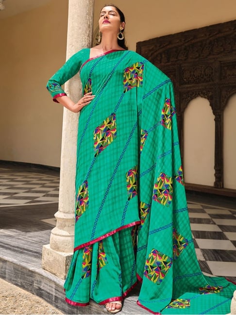 Satrani Turquoise Green Chequered Saree With Unstitched Blouse Price in India