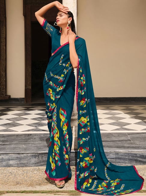 Satrani Teal Blue Geometric Print Saree With Unstitched Blouse Price in India