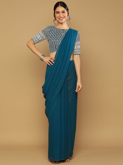 Teal Blue Woven Silk Saree & Blouse 5711SR08