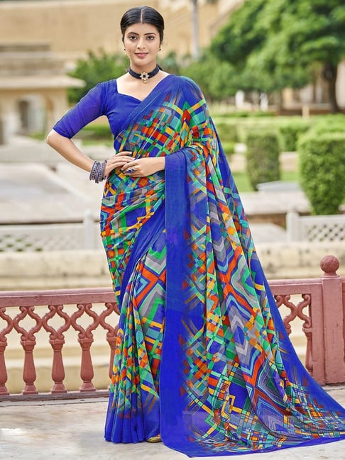 Satrani Blue Geometric Print Saree With Unstitched Blouse Price in India