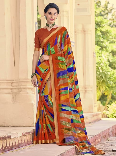 Satrani Orange Geometric Print Saree With Unstitched Blouse Price in India