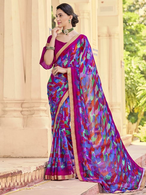 Satrani Hot Pink Geometric Print Saree With Unstitched Blouse Price in India
