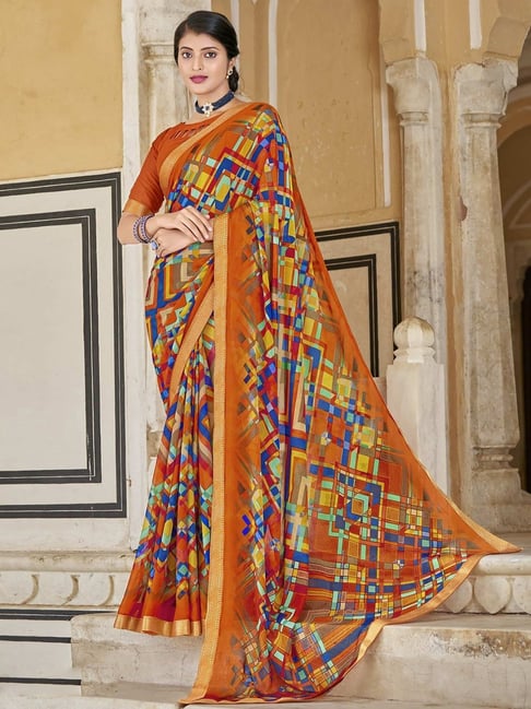 Satrani Orange Geometric Print Saree With Unstitched Blouse Price in India