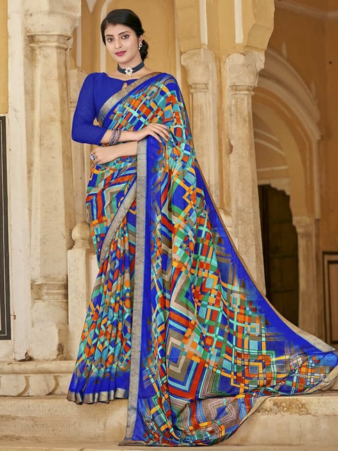 Satrani Blue Geometric Print Saree With Unstitched Blouse Price in India