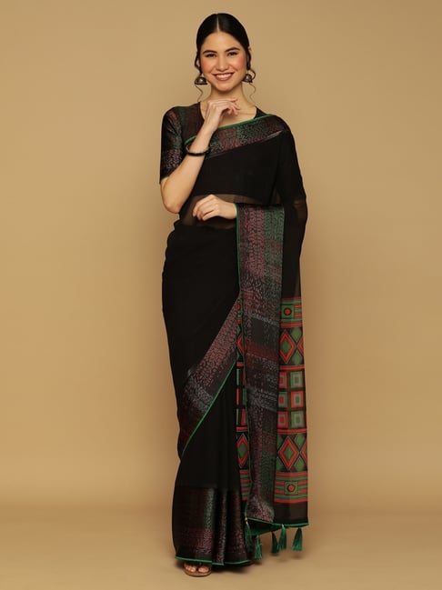 Satrani Black Geometric Print Saree With Unstitched Blouse Price in India