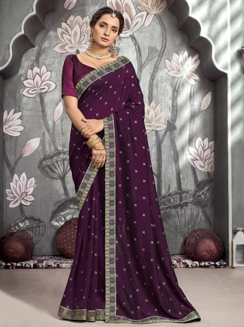 Satrani Wine Embellished Saree With Unstitched Blouse Price in India