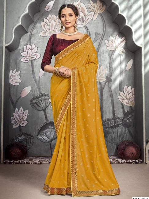 Satrani Turmeric Yellow Embellished Saree With Unstitched Blouse Price in India