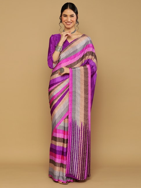 Satrani Purple Striped Saree With Unstitched Blouse Price in India