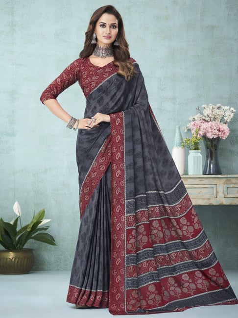 Handloom khadi cotton saree|Grey with red border - Branded sarees