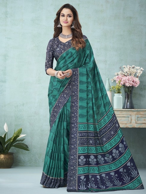Satrani Green & Blue Floral Print Saree With Unstitched Blouse Price in India