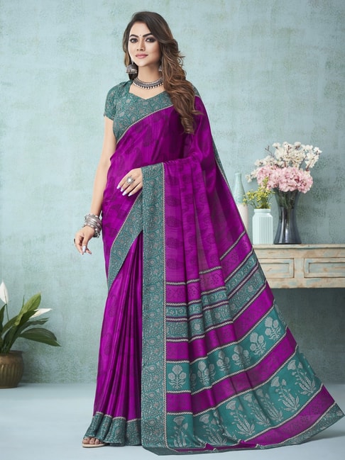 Satrani Purple & Green Floral Print Saree With Unstitched Blouse Price in India