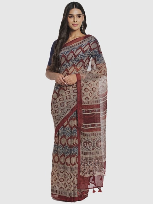 Fabindia Beige & Red Cotton Silk Printed Saree Without Blouse Price in India