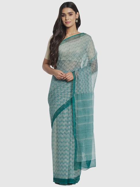 Fabindia Green Cotton Silk Printed Saree Without Blouse Price in India