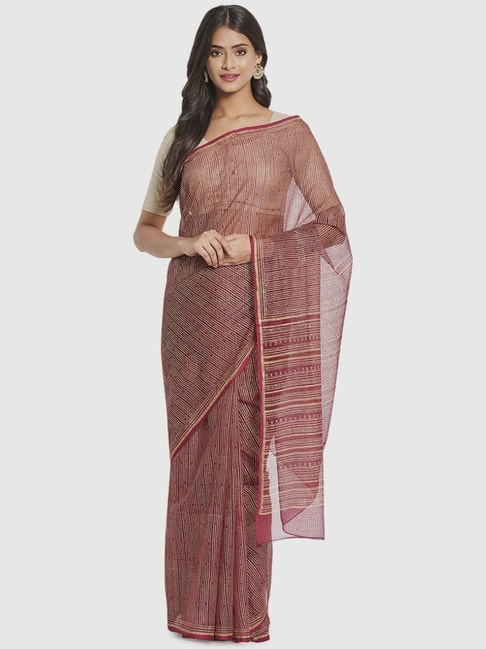Fabindia Red Cotton Silk Printed Saree Without Blouse Price in India