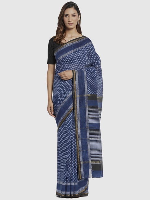 Fabindia Blue Cotton Silk Printed Saree Without Blouse Price in India