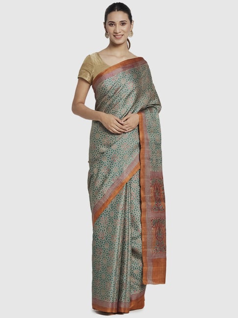 Fabindia Green & Beige Silk Printed Saree Without Blouse Price in India