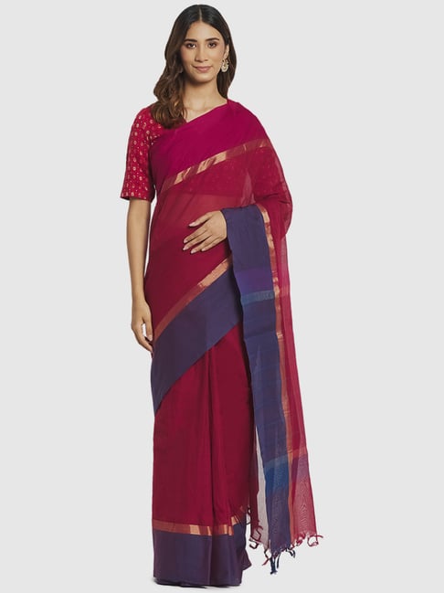 Fabindia Pink Cotton Woven Saree Without Blouse Price in India