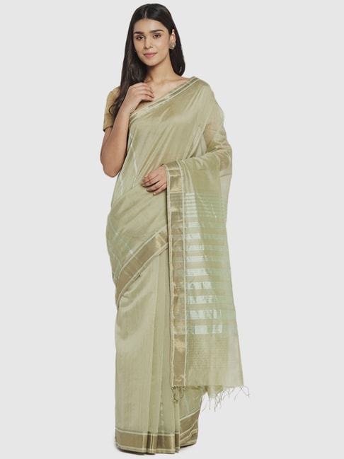 Fabindia Pista Green Cotton Silk Woven Saree Without Blouse Price in India