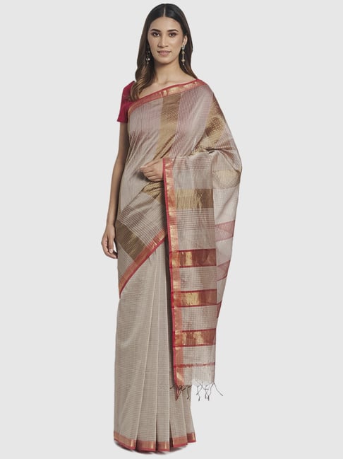 Fabindia Grey Cotton Silk Woven Saree Without Blouse Price in India