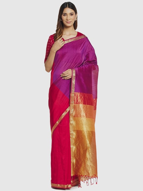 Fabindia Purple & Pink Cotton Silk Woven Saree Without Blouse Price in India