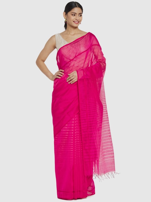 Fabindia Fuchsia Cotton Silk Striped Saree Without Blouse Price in India