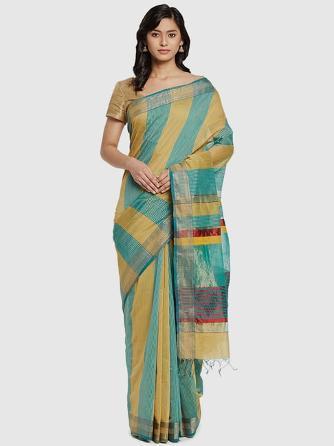 Fabindia Yellow & Blue Cotton Silk Striped Saree Without Blouse Price in India