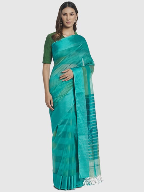 Fabindia Green Cotton Silk Woven Saree Without Blouse Price in India