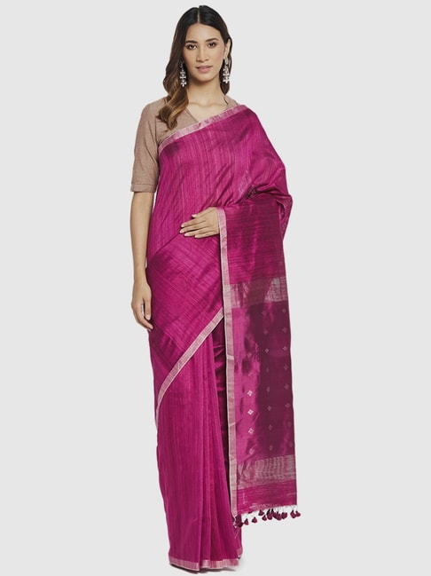 Fabindia Pink Silk Woven Saree Without Blouse Price in India