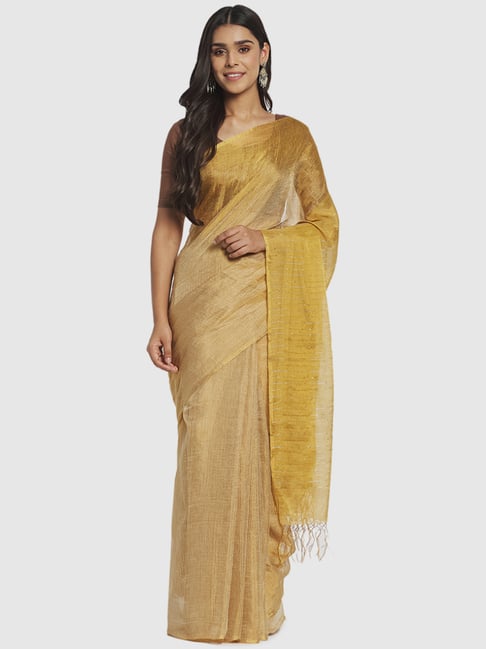 Fabindia Golded Cotton Silk Woven Saree Without Blouse Price in India