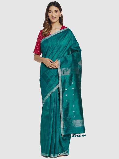 Fabindia Teal Green Silk Woven Saree Without Blouse Price in India