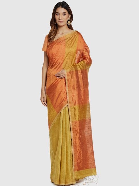 Fabindia Orange & Yellow Silk Woven Saree Without Blouse Price in India