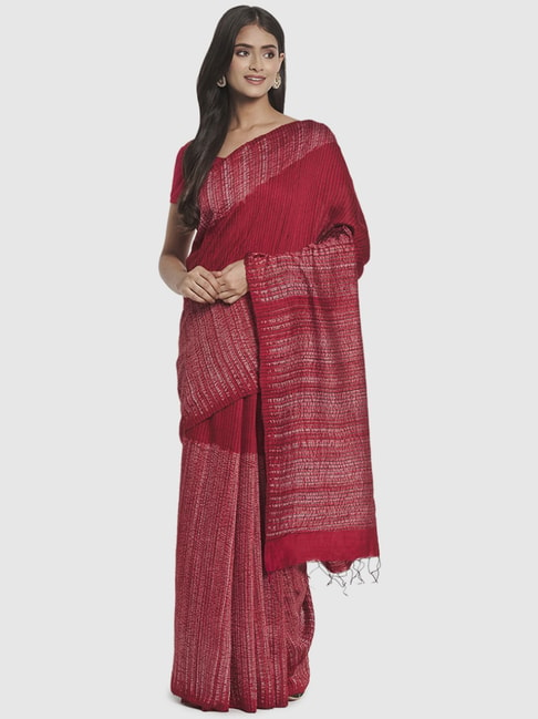 Fabindia Red Silk Striped Saree Without Blouse Price in India