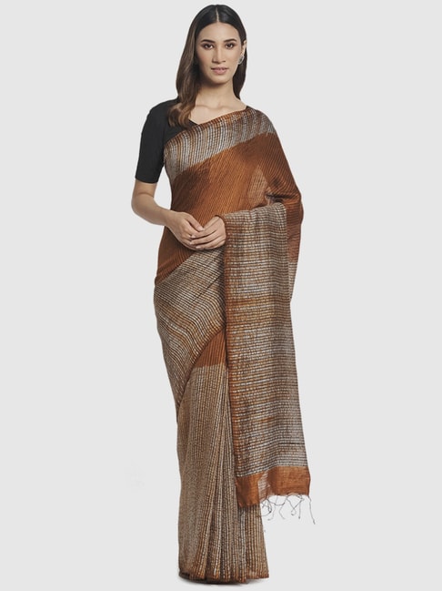 Fabindia Rust Silk Striped Saree Without Blouse Price in India