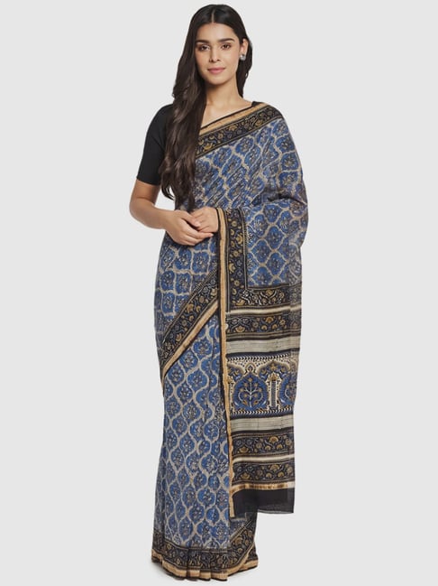 Fabindia Blue Cotton Silk Printed Saree Without Blouse Price in India