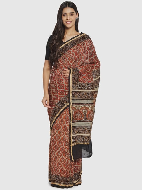 Fabindia Brown Cotton Silk Printed Saree Without Blouse Price in India