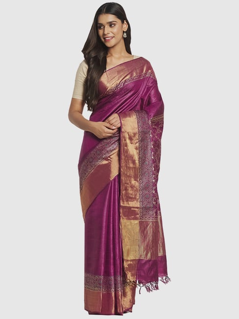 Fabindia Purple Silk Printed Saree Without Blouse Price in India