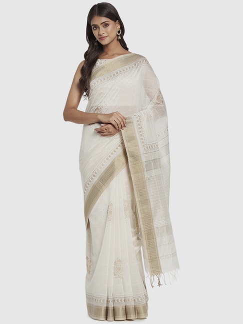 Fabindia White Cotton Silk Printed Saree Without Blouse Price in India