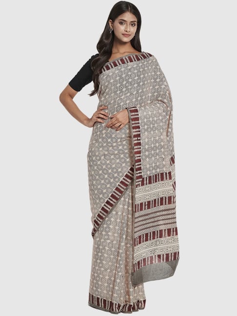 Fabindia Cream Cotton Printed Saree Without Blouse Price in India