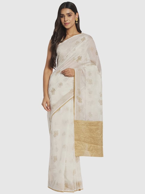 Fabindia Off White Cotton Silk Printed Saree Without Blouse Price in India