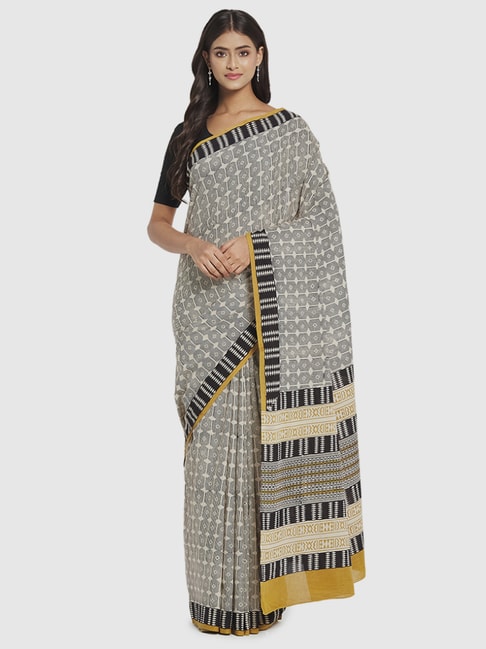 Fabindia Black & Beige Cotton Printed Saree Without Blouse Price in India