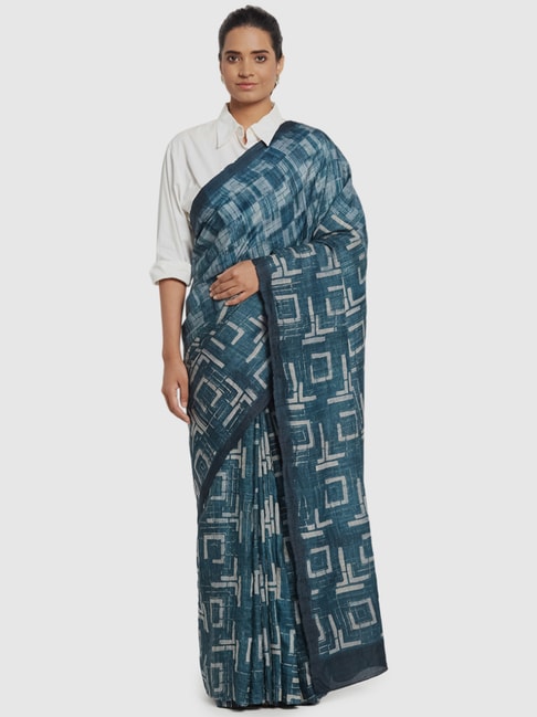 Fabindia Blue Silk Printed Saree Without Blouse Price in India