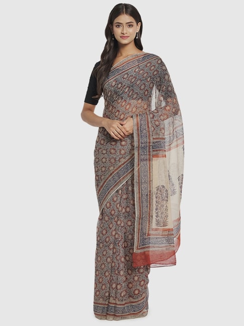 Fabindia Beige & Blue Cotton Silk Printed Saree Without Blouse Price in India