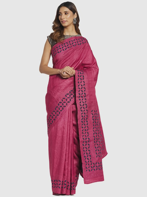 Fabindia Pink Silk Printed Saree Without Blouse Price in India