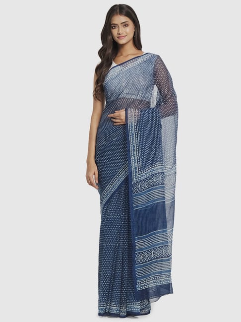 Fabindia Blue Cotton Silk Printed Saree Without Blouse Price in India