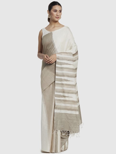 Fabindia Grey & White Silk Woven Saree Without Blouse Price in India