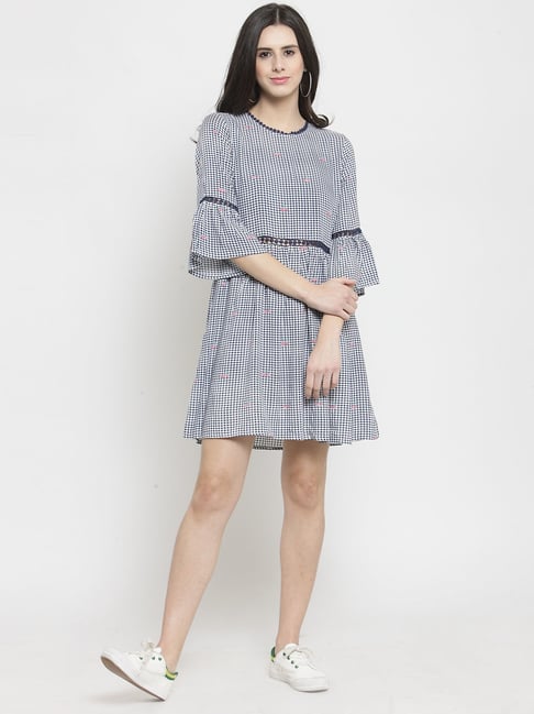 Global Republic Navy Checkered Fit & Flare Dress Price in India