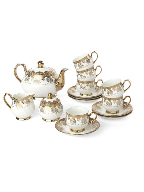 Elegant Teapot Set W/ Tray Zinc Alloy Drinking Water 4 Tea Cups Tea Set  Gift Gold White 