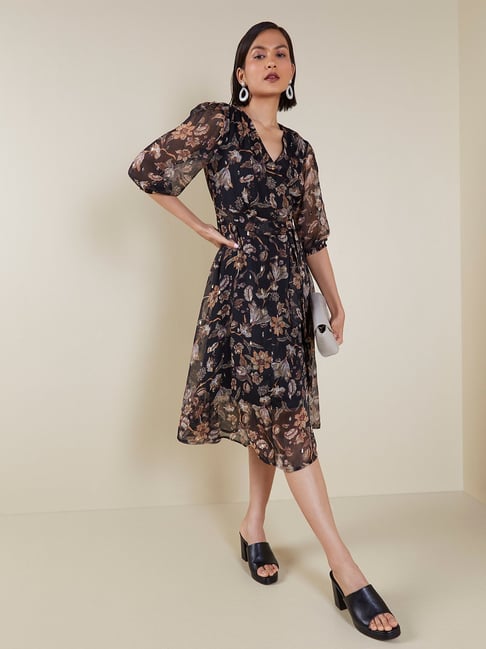Wardrobe by Westside Black Floral Dress With Inner and Belt Price in India