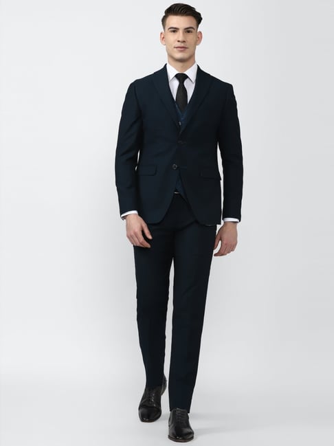 Peter England Elite Navy Slim Fit Self Pattern Three Piece Suits